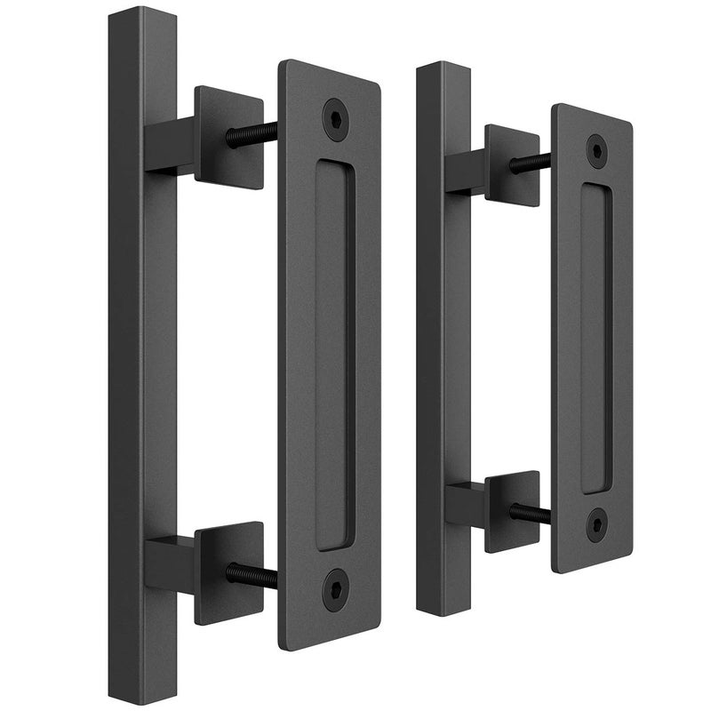 SMARTSTANDARD 2PCS 12" Pull and Flush Barn Door Handle Set, Large Rustic Two-Side Design, for Gates Garages Sheds Furniture, Black, Square - Image 1